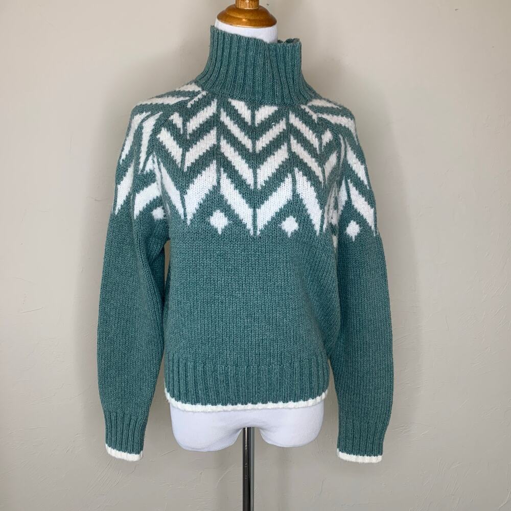 A New Day Green Fair Isle Sweater Mock Neck Sz XS Apres Ski